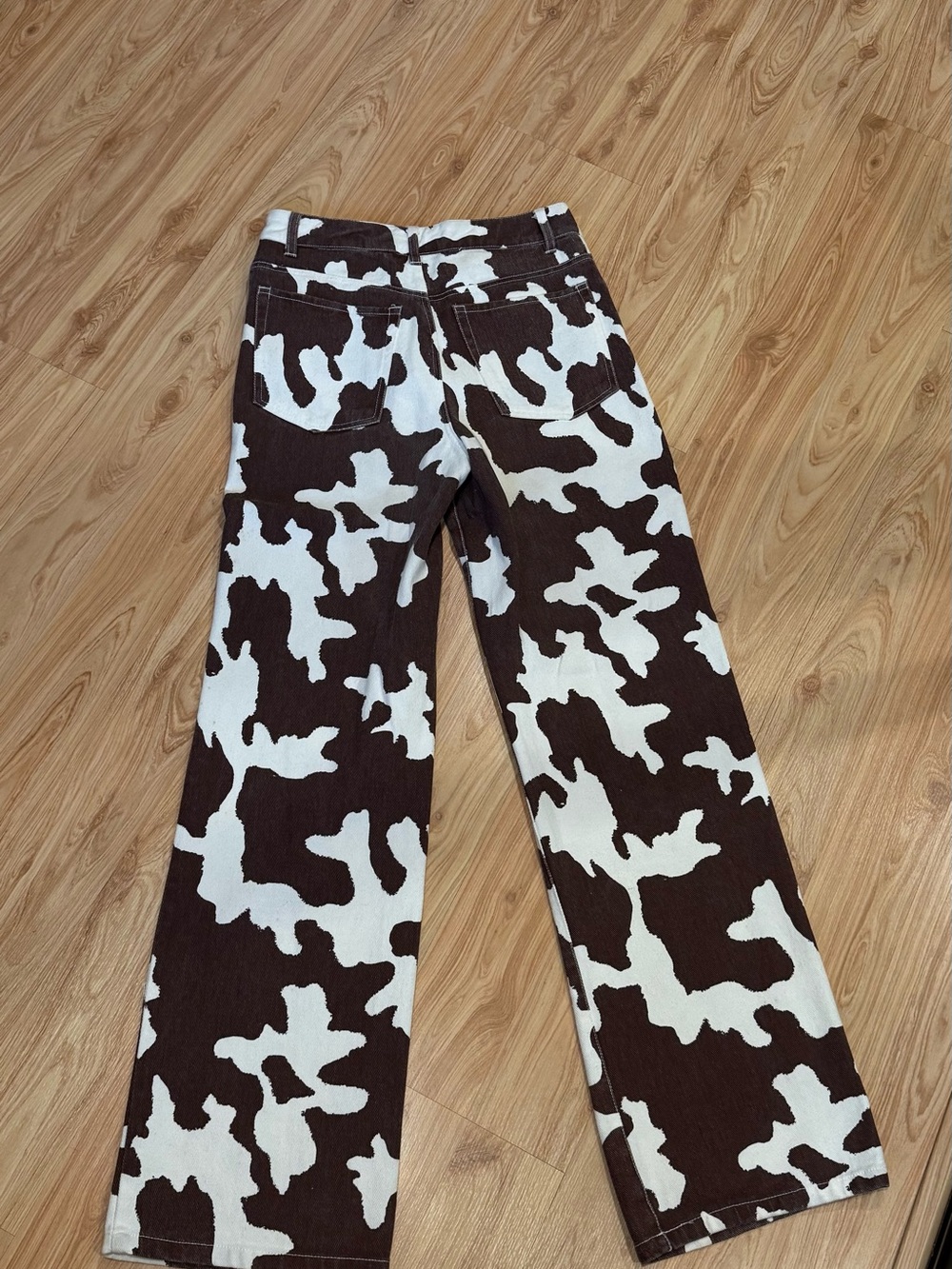 Brown and White Cow Print Wide Leg Jeans